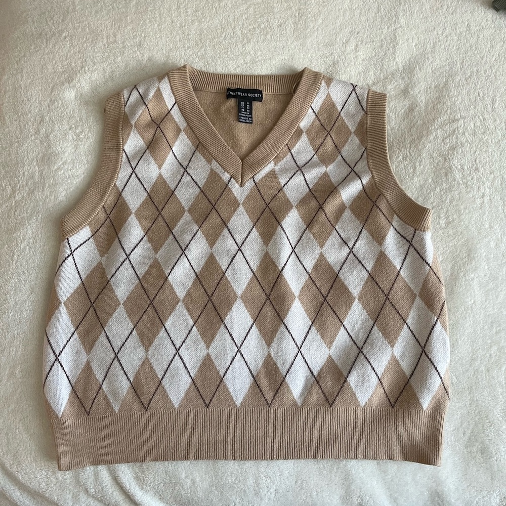 Tan and White Argyle Knit Vest